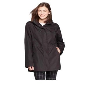 Black. Waist-cinched rain coat. Size Medium.